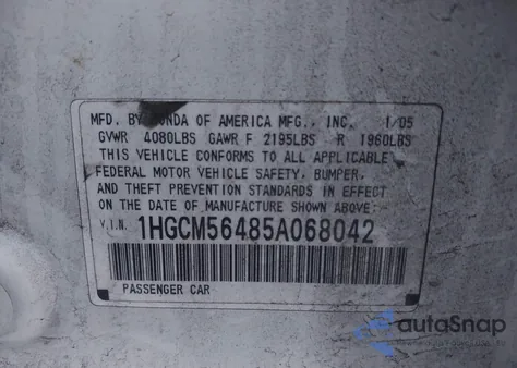 2005 Honda Accord 2.4 Lx из США, поврежденный, VIN 1HGCM56485A068042